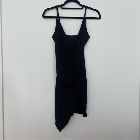 Black Asymmetrical Faux Wrap Bodycon Dress w/ Synched Side Detailing - Picture 1 of 3